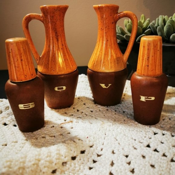 Vintage MCM Cruet Set Oil and Vinegar Salt and Pepper Set - Picture 1 of 13